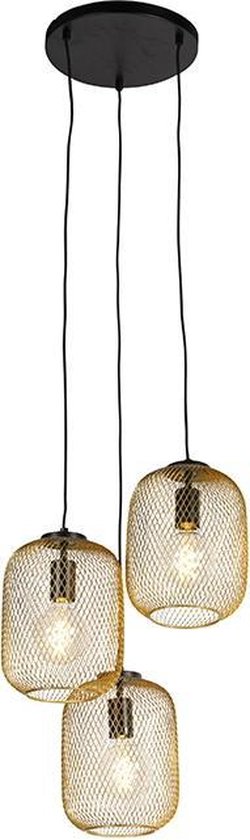 QAZQA bliss_mesh - Industriele Hanglamp eettafel - 3 lichts - Ø 450 mm - Zwart Goud - Industrieel - Woonkamer | Slaapkamer | Keuken