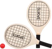 Houtkleurige beachball set met tennisracketprint buitenspeelgoed - Houten beachballset - Rackets/batjes en bal - Tennis ballenspel