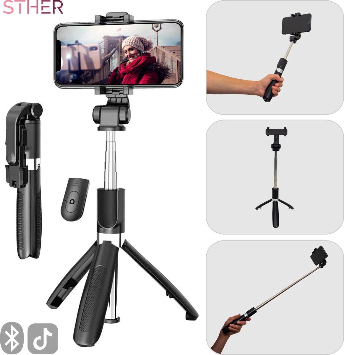 VTV© 3in1 Selfie Stick met Bluetooth Afstandsbediening - 360 Graden Tripod - Universeel