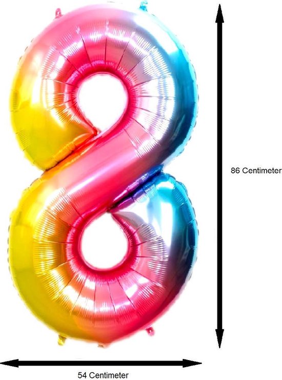Folieballon in de vorm van het cijfer 8, regenboogkleurig, met afmetingen 86cm hoog en 54cm breed.