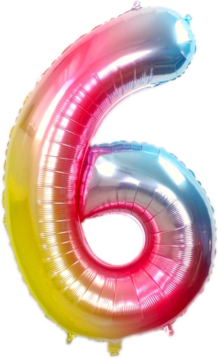 Folie Ballon Cijfer 6 Jaar Regenboog 86Cm Verjaardag Folieballon Met Rietje - BTH