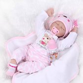 Reborn baby pop 'Luna' - 55 cm - Meisje met roze outfit, speen en fles - Bruin haar - Soft silicone - Levensechte babypop - In geschenkdoos