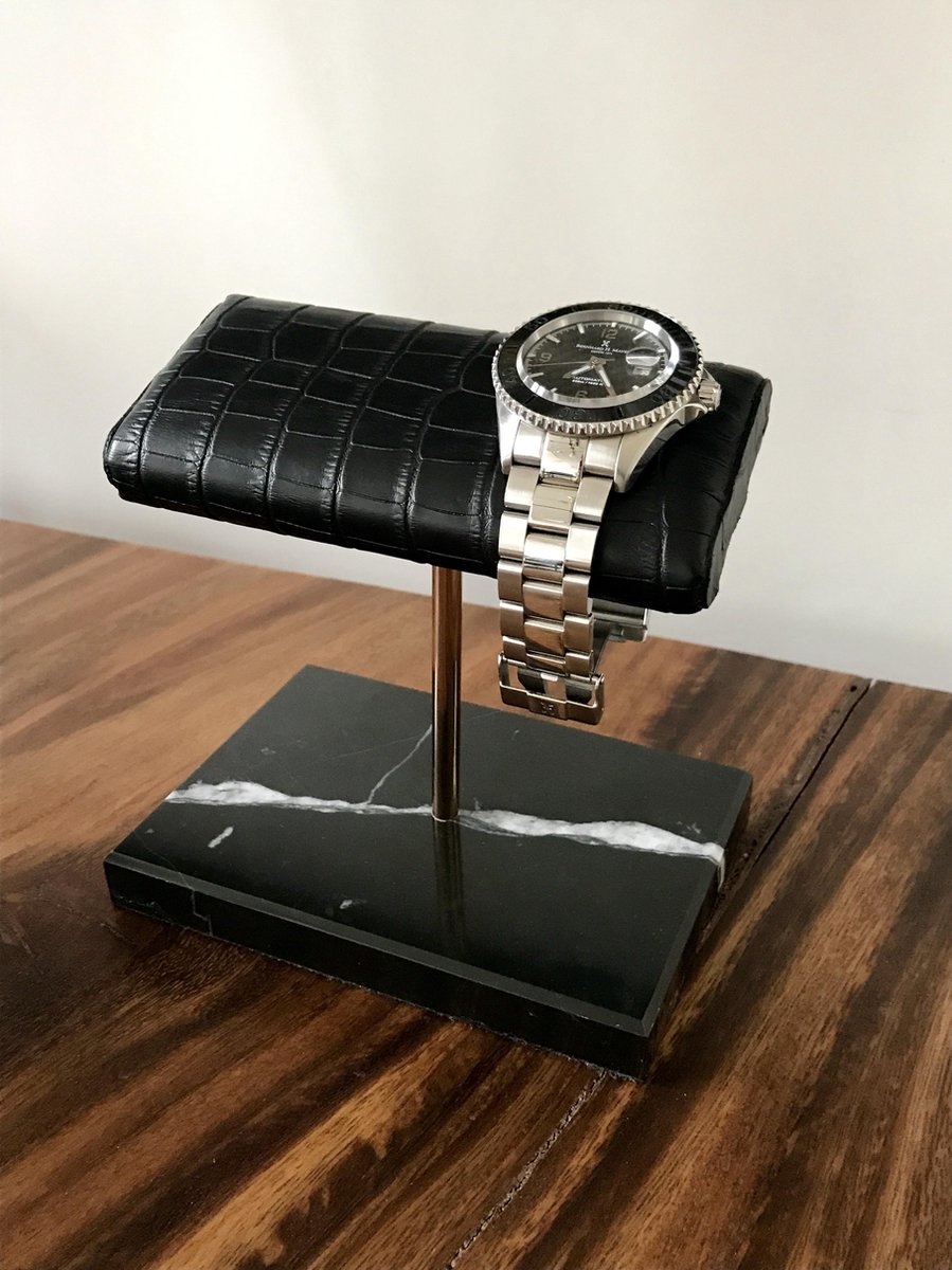 Tourbillon horlogeopwinder in zwart Nero Marquina marmer en groen stalen ringen - Gyrowinder Orbit Gyroscopische Watch Winder