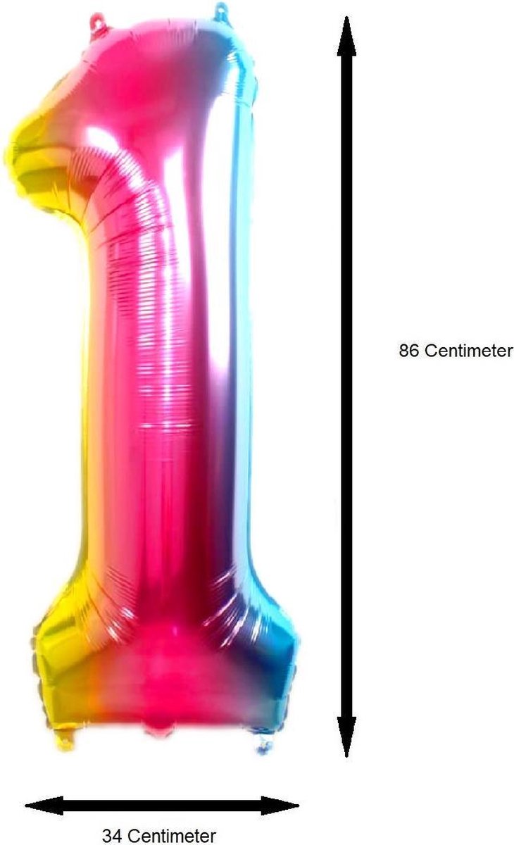 Folie Ballon Cijfer 1 Jaar Regenboog 86Cm Verjaardag Folieballon Met Rietje — afbeelding 2