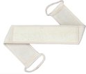 Een witte, rechthoekige badstof riem met een luffa-achtig middenstuk en lussen aan elk uiteinde.