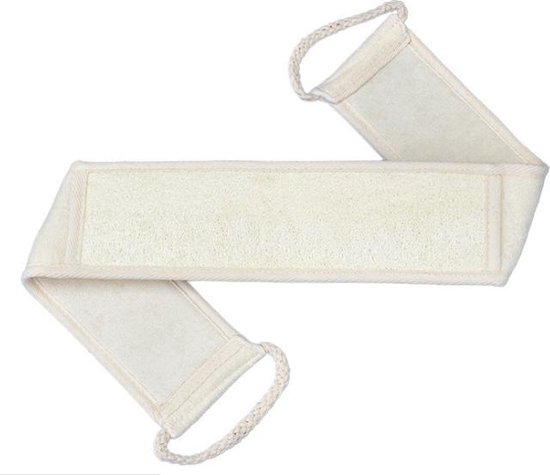 Een witte, rechthoekige badstof riem met een luffa-achtig middenstuk en lussen aan elk uiteinde.