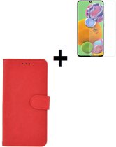Samsung Galaxy A41 hoes Effen Wallet Bookcase Hoesje Cover Rood + Tempered Gehard Glas / Glazen screenprotector Pearlycase