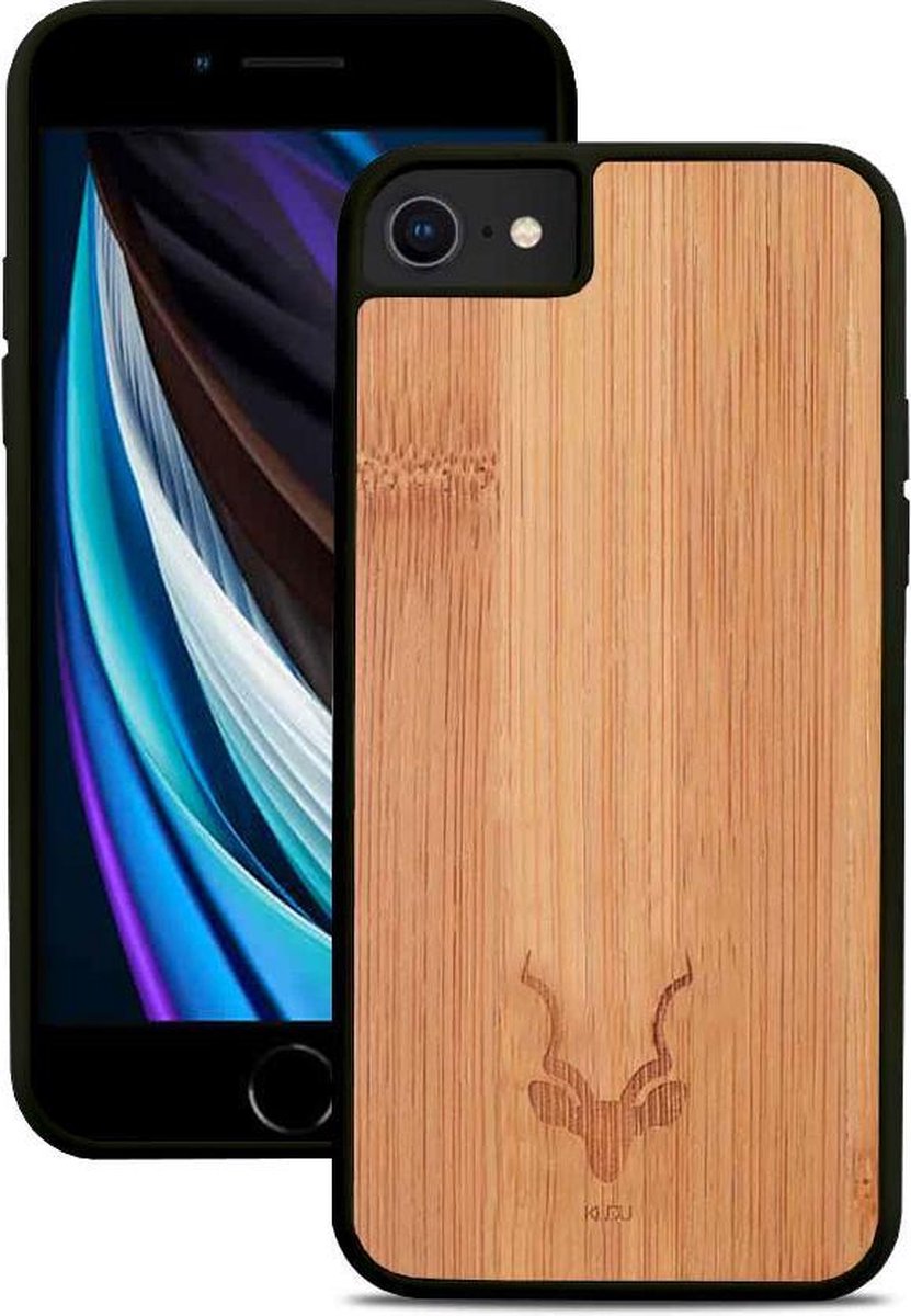 Kudu iPhone SE (2020) hoesje case - Houten backcover - Handgemaakt en afgewerkt met duurzaam TPU - Bamboe - Zwart