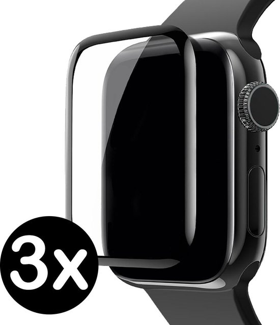 Zwarte Apple Watch Series 4 44mm met een glazen screenprotector die wordt getoond met een '3x' aanduiding.
