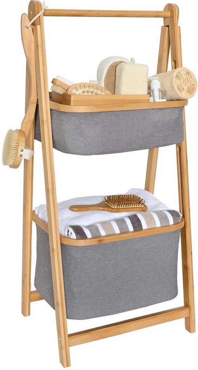 Opbergrek | Etagiere | Bamboe en stof | 2 etages | inklapbaar |Kleding | Sokken | Ondergoed | Speelgoed | Badkamer | Keuken | Grijs