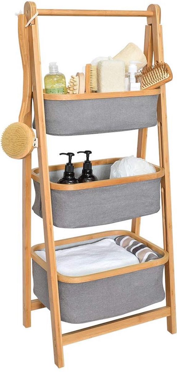 Opbergrek | Etagiere | Bamboe en stof | 3 etages | inklapbaar |Kleding | Sokken | Ondergoed | Speelgoed | Badkamer | Keuken | Grijs