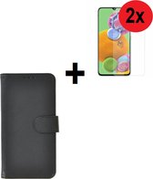 Geschikt voor Samsung Galaxy A31 hoes Effen Wallet Bookcase Hoesje Cover Zwart + 2x Screenprotector Tempered Gehard Glas / Glazen (2 stuks) Pearlycase