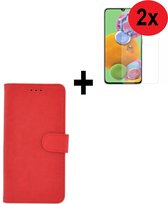 Geschikt voor Samsung Galaxy A31 hoes Effen Wallet Bookcase Hoesje Cover Rood + 2x screenprotector Tempered Gehard Glas / Glazen (2 stuks) Pearlycase