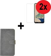 Nokia 2.3 hoes Effen Wallet Bookcase Hoesje Cover Grijs + 2x Tempered Gehard Glas / Glazen screenprotector (2 stuks) Pearlycase