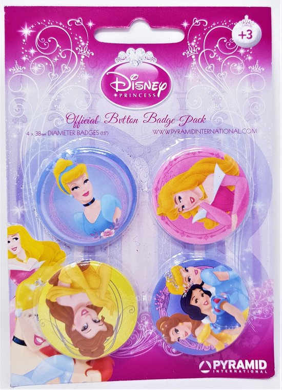 Disney Princess Button Badges 4 Stuks Assepoester Doornroosje Sneeuwwitje Belle 6415
