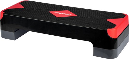 Zwarte fitness stepper met rode accenten en grijze poten.