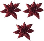 4x Kerstboomversiering op clip bordeaux/donkerrode glitter bloemen 8 cm- kerstboom decoratie - Donkerrode kerstversieringen