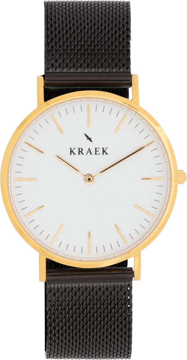 KRAEK Aderyn Goud Wit 36 mm | Dames Horloge | Zwart mesh horlogebandje