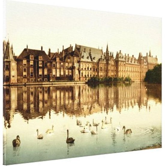 Oud Stadsgezicht Den Haag - Torentje, Binnenhof en Hofvijver - Oude Foto Print op Canvas Doek - 90x60 cm