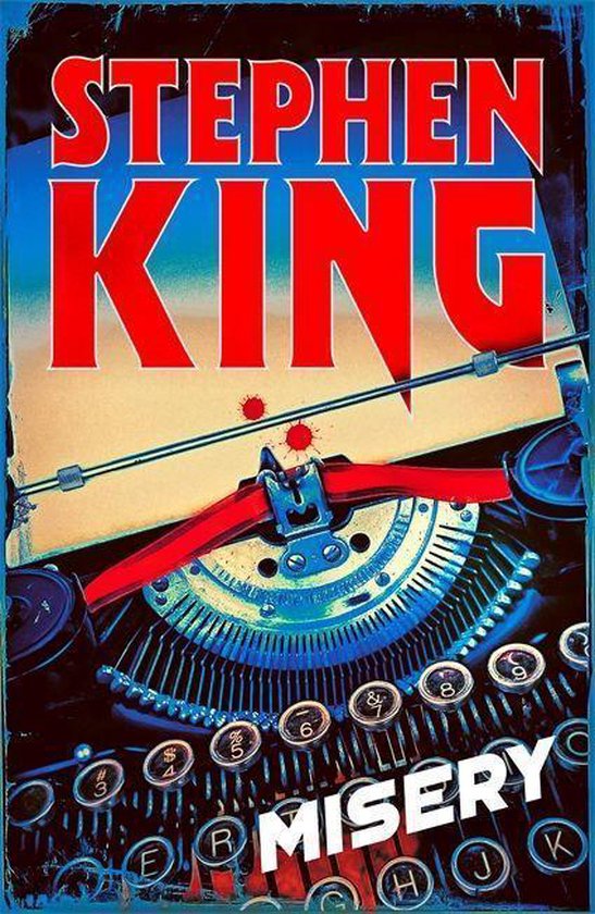 Boek kaft van 'Misery' van Stephen King. Oude typemachine met rode en blauwe accenten.