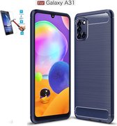 Samsung Galaxy A31 Carbone Brushed Tpu Blauw Cover Case Hoesje - 1 x Tempered Glass Screenprotector CTBL