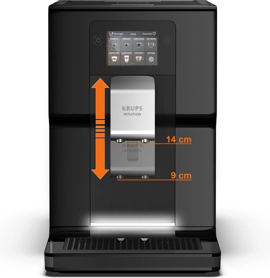 Zwarte Krups Intuition volautomatische espressomachine met afmetingen van het uitgiftegebied (14 cm en 9 cm).