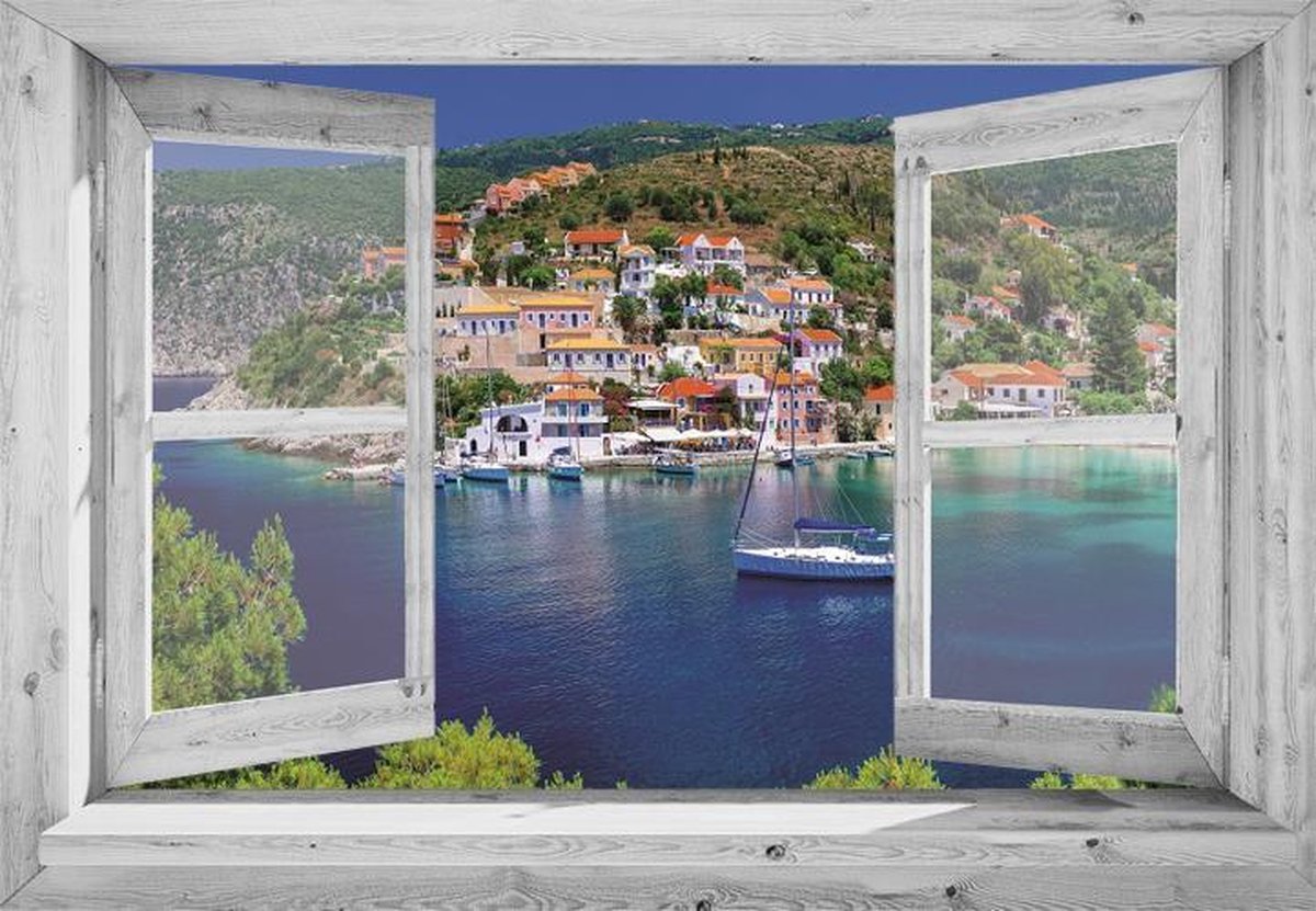Tuindoek doorkijk - 130x95 cm - openslaand wit venster baai met zeilboten - tuinposter - tuin decoratie - tuinposters buiten - tuinschilderij - balkon decoratie