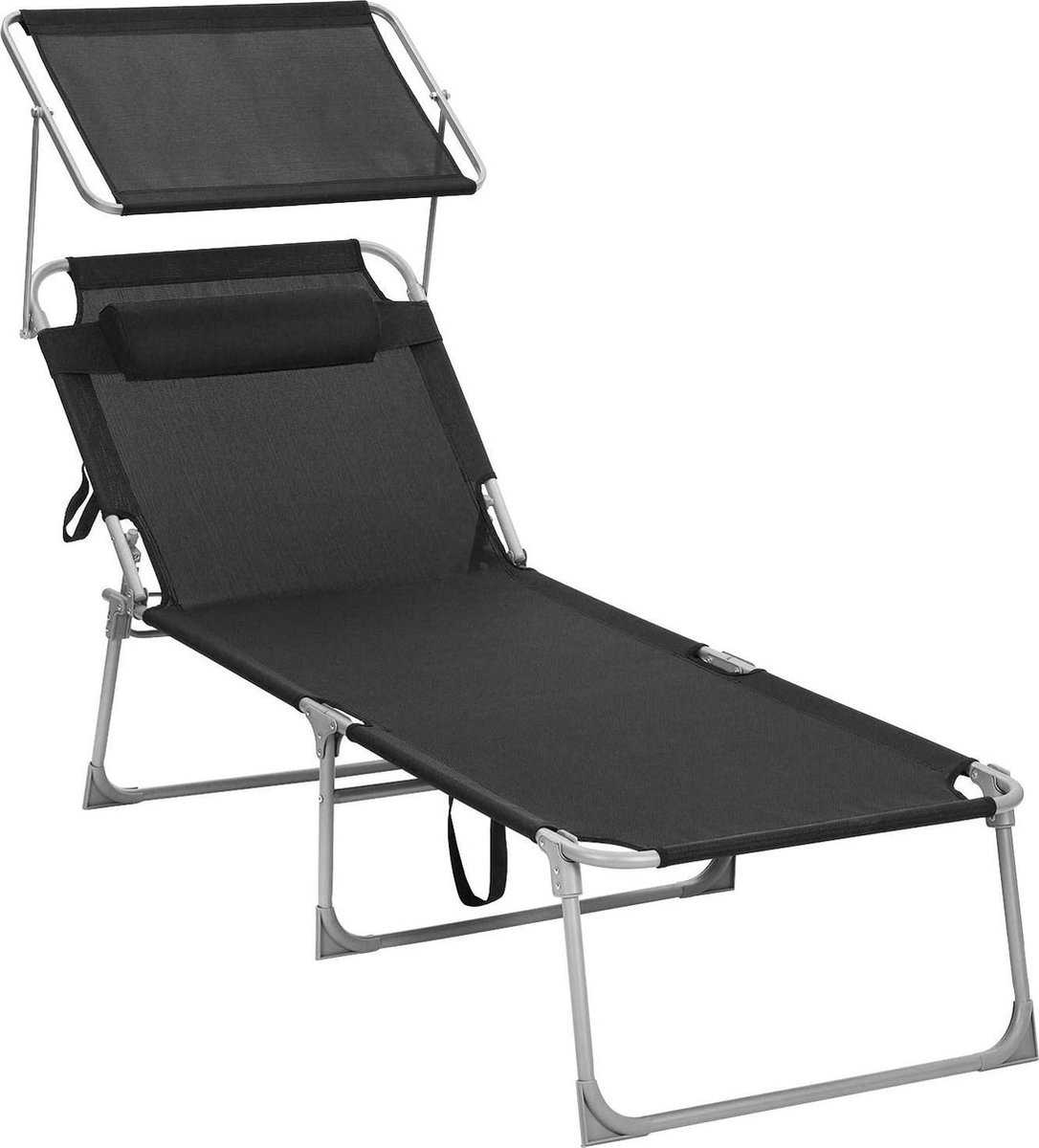 Extra brede, verstelbare Ligstoel, Opvouwbaar Ligbed met Zonnebeschermer voor Tuin of Terras - Zwart