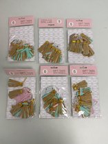 Cadeauversiering kaartjes met decoratie (diverse designs) - set van 6 keer 6 stuks (pastel kleuren)