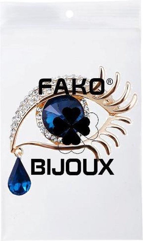 Fako Bijoux® - Broche - Oog Met Traan - Blauw - 48x37mm - Goudkleurig - Fako Bijoux®