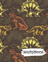 Sketchbook: Yellow Orange Dinosaur Fun Framed Drawing Paper Notebook