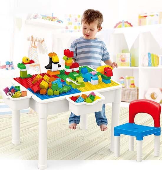 PlayMaxx Kindertafel met 2 Stoeltjes 4 Bakjes en 138 Bouwblokken - Blokkentafel - Speeltafel - Watertafel - Zandtafel kinderen - Geschikt voor...