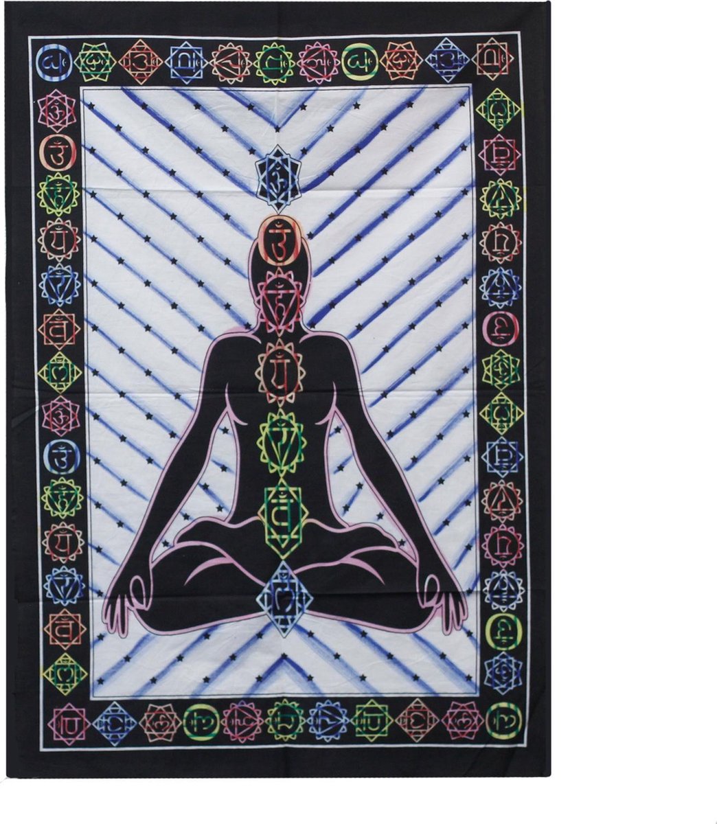 Wandkleed - Chakra Boeddha - Katoen - 115x75 cm - Muurdecoratie - Handgeschilderd