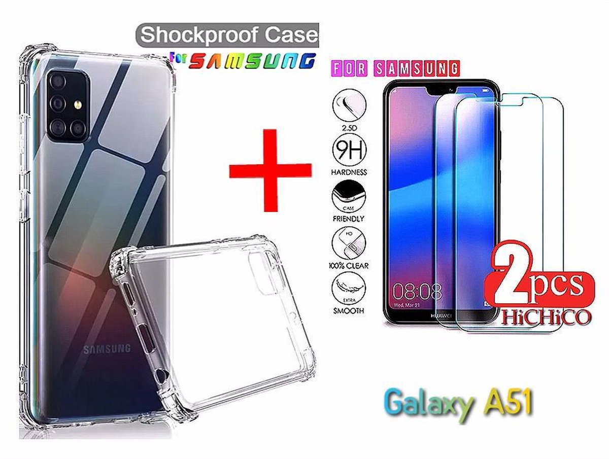 SAMSUNG A51 Hoes ShockProof Case Transparant (Siliconen TPU Soft ) + 2Pcs Screenprotector Tempered Glass - HiCHiCO