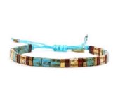 Sorprese - armband - dames - 1 snoer - platte vierkante stenen kralen - blauw - beige - rood - goudkleurig - Boho - Bohemian - Ibiza - zelf instelbaar - X - Moederdag - Cadeau