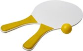 Geel/witte beachball set buitenspeelgoed - Houten beachballset - Rackets/batjes en bal - Tennis ballenspel