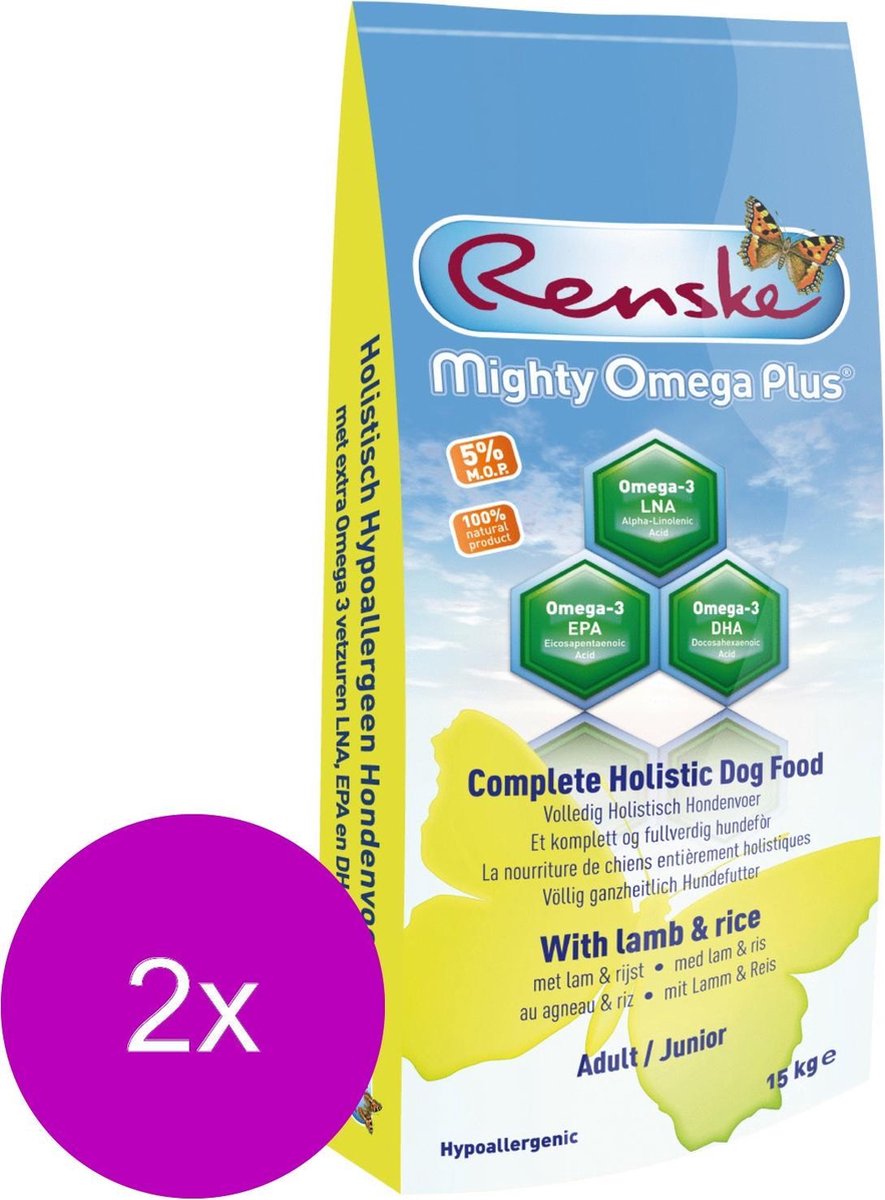 Renske Renske Mighty Omega Plus Junior/Adult Lam&Rijst - Hondenvoer - 2 x 3 kg Dogshopper