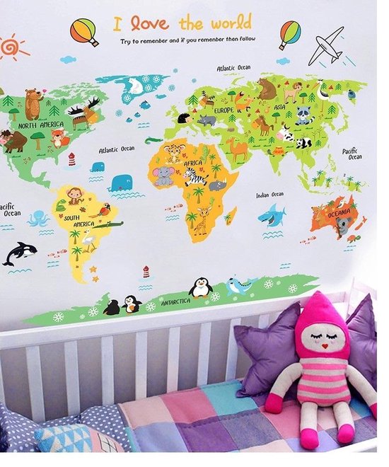 Decoratieve Muursticker - Wereldkaart Cartoon - Wanddecoratie kinderen