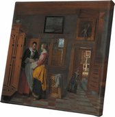 Binnenhuis met vrouwen bij een linnenkast | Pieter de Hooch | 1663 | Canvasdoek | Wanddecoratie | 60CM x 60CM | Schilderij | Oude meesters | Foto op canvas