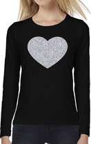 Hart van zilver glitter t-shirt long sleeve zwart voor dames 2XL