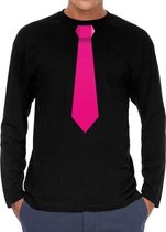 Stropdas fuchsia roze long sleeve t-shirt zwart voor heren- zwart shirt met lange mouwen en stropdas bedrukking voor heren XXL