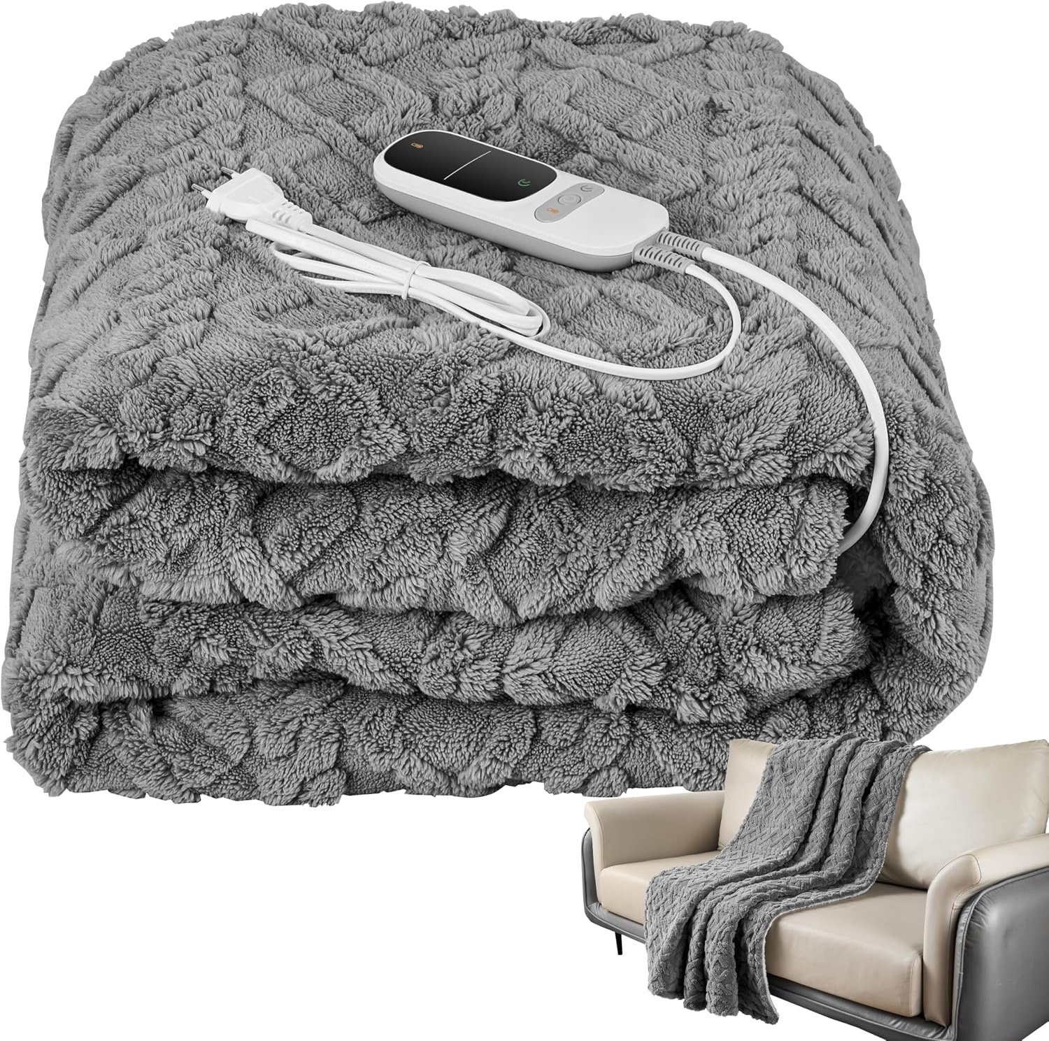 QEVA Elektrische Fleece Deken - Fleece Deken - Elektrische Deken - Grijs - 180cm x 130cm x 1cm