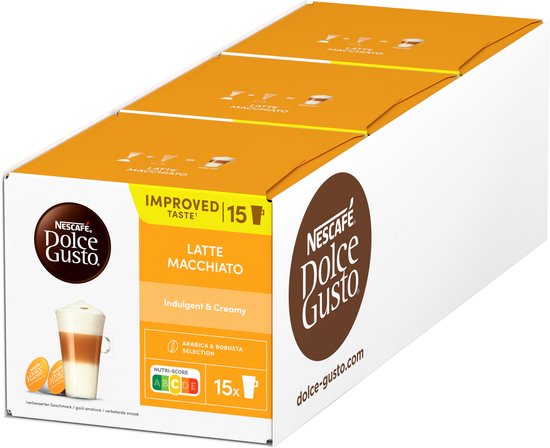 Doos Nescafé Dolce Gusto Latte Macchiato met 15 cups, verbeterde smaak, Arabica & Robusta selectie en Nutri-score.