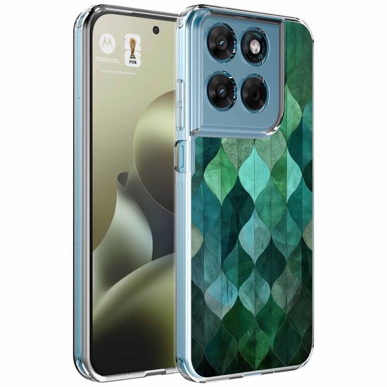 Smartphone in transparant hoesje met groen bladerenmotief, achterkant met cameramodule en voorkant met FIFA-logo.