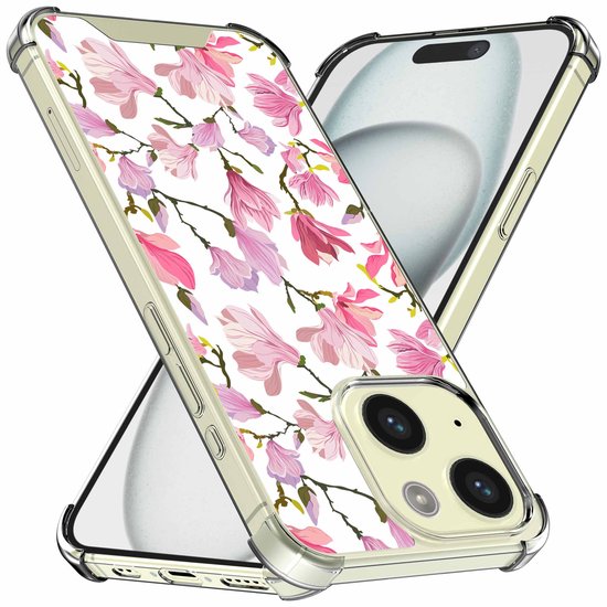 Set van twee iPhone 15 hoesjes met roze bloemenmotief, een met de achterkant en een met de voorkant zichtbaar.