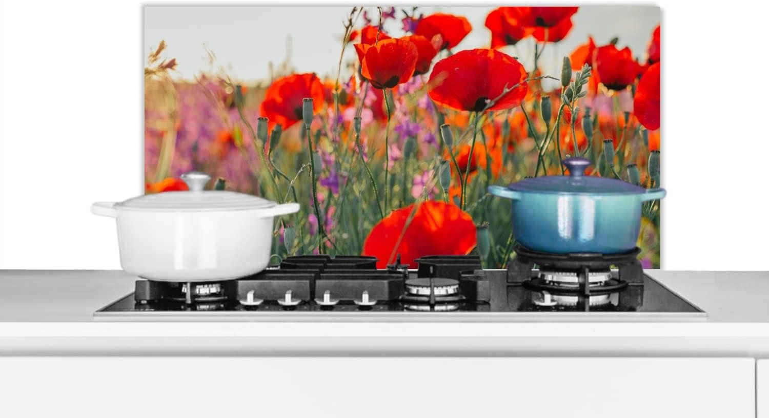 Spatscherm Keuken - 90x45 cm - Klaproos - Bloemen - Rood - Paars - Weide