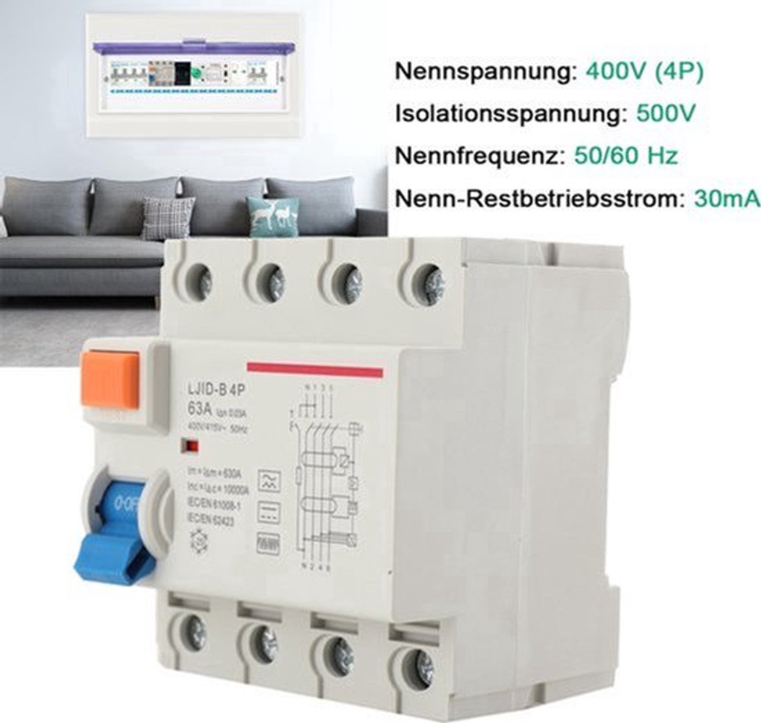 Aardlekschakelaar - 40A 30mA - 4P - IP20 - Huishoudelijke Elektriciteit