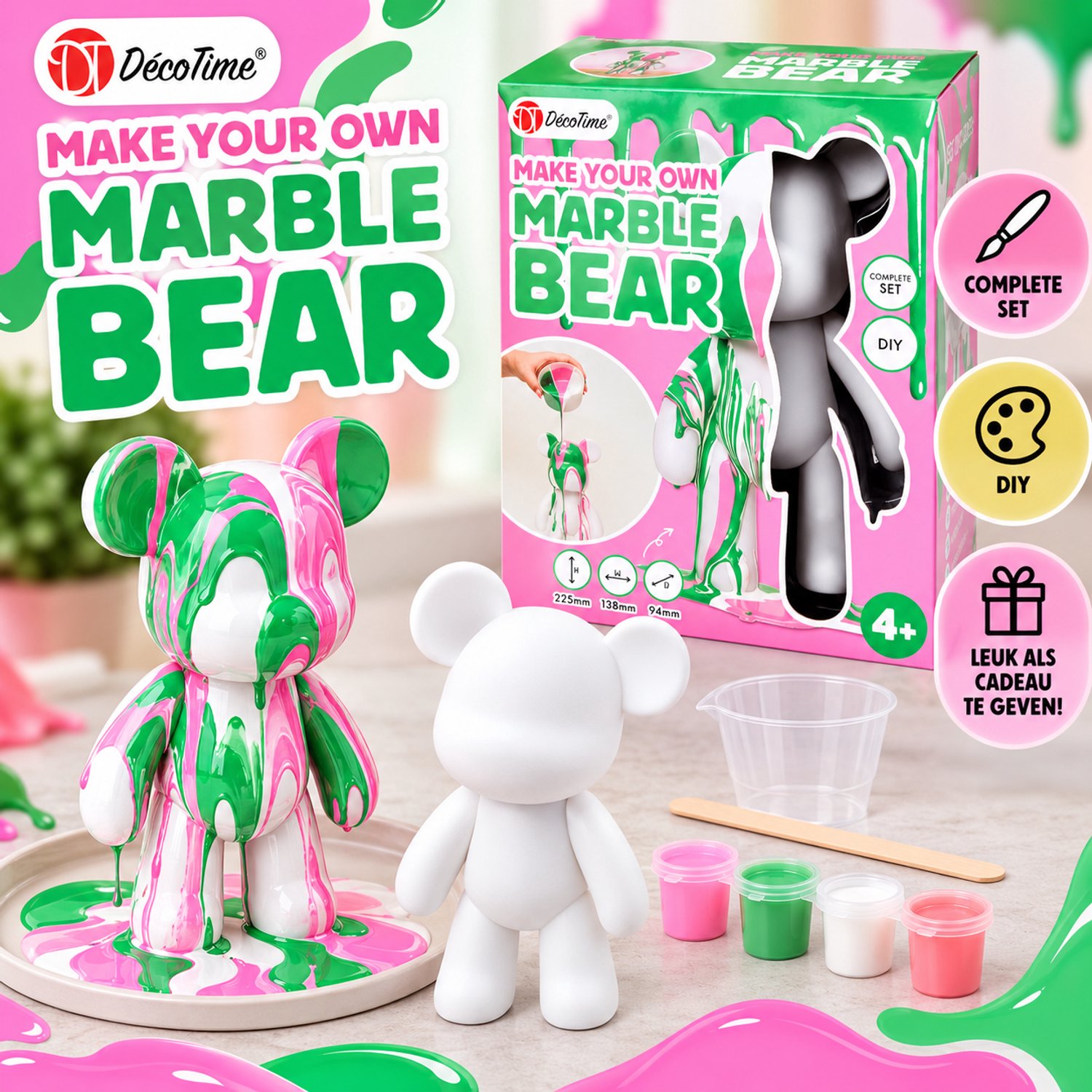 DécoTime Make Your Own Marble Bear – DIY Knutselset – Beer Beschilderen met Marble Effect – Complete Creatieve Set – 22,5 cm – Vanaf 4 Jaar
