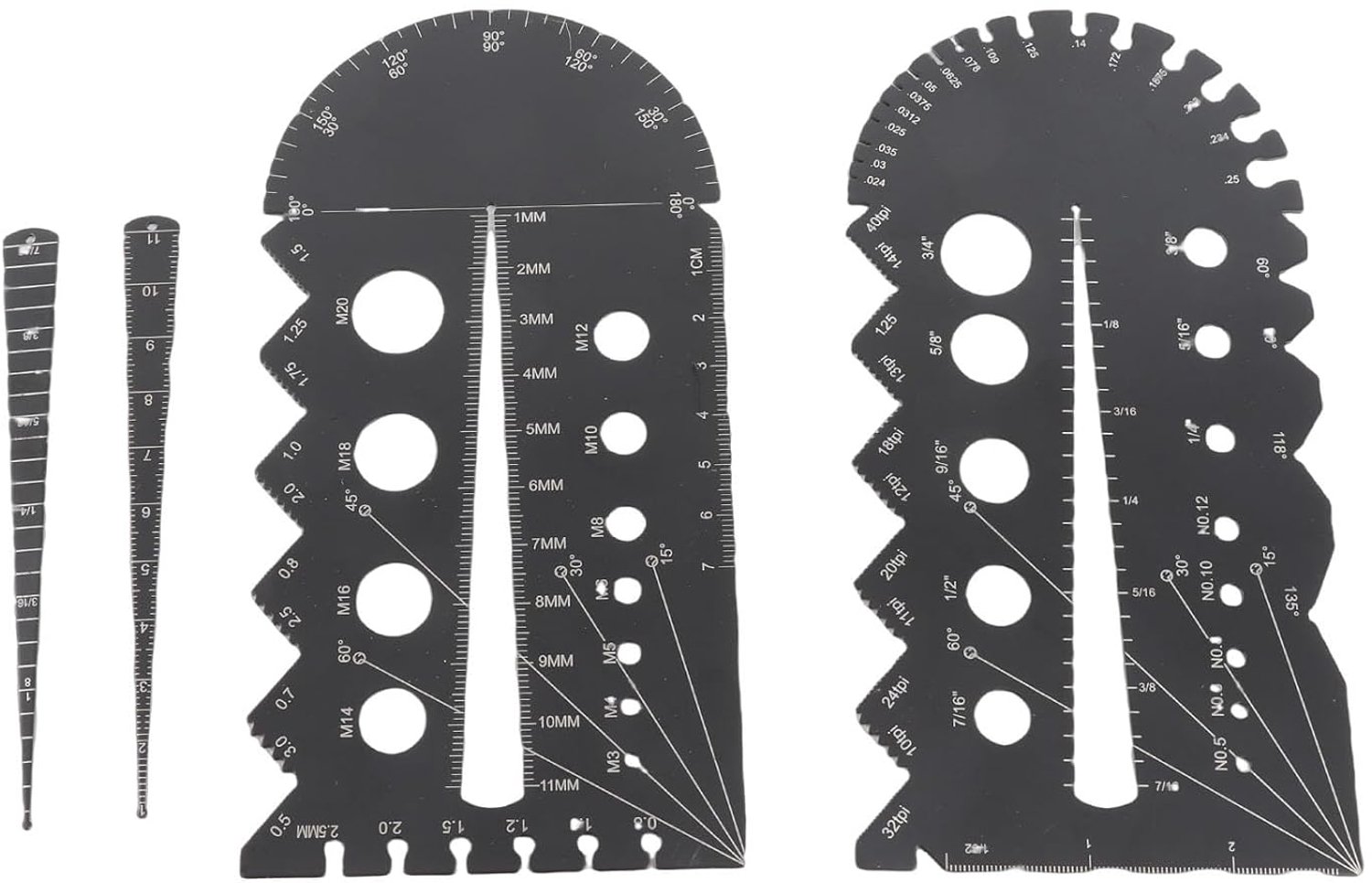 2 sets draadspoedmeters zwarte aluminiumlegering metrisch en imperiaal meetinstrument voor moeren bouten schroeven spijkers PVC en koper met lasergegraveerde schalen en conische
