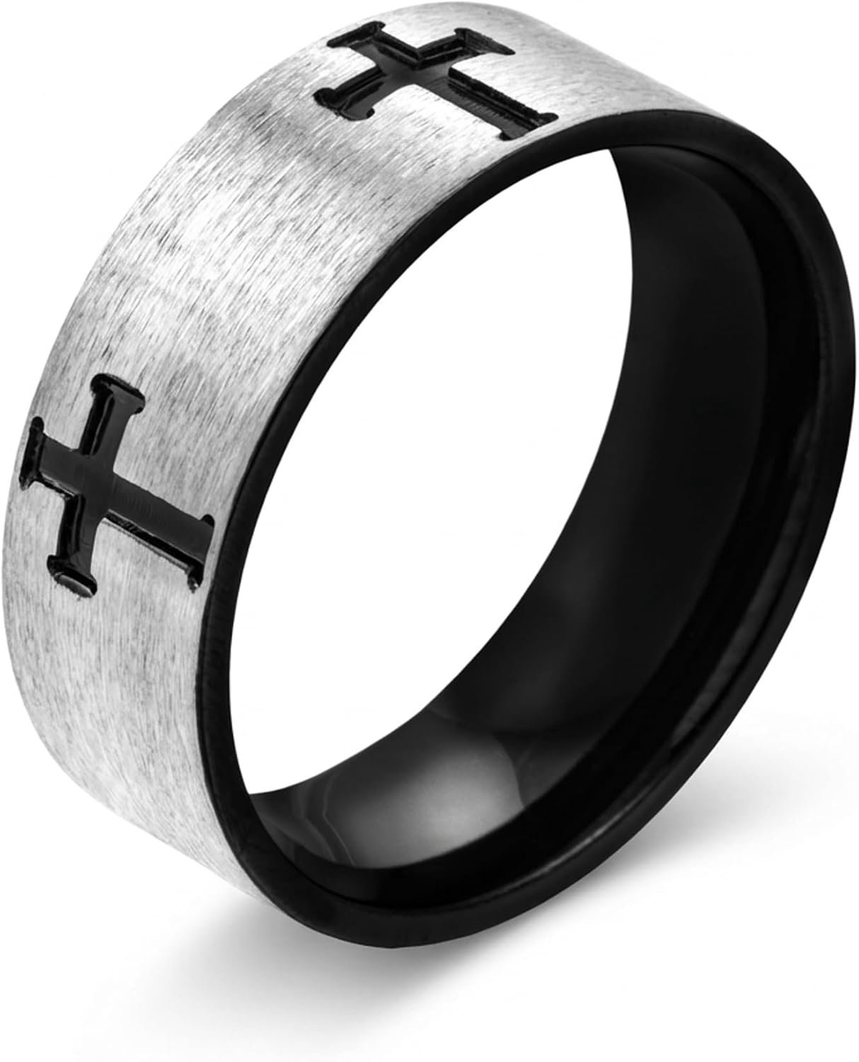 Meditoys · Ring van roestvrij staal voor heren · roestvrij staal/zwart · breedte: 7,0 mm · zeer krasbestendig · roestvrij staal met zwart kruis